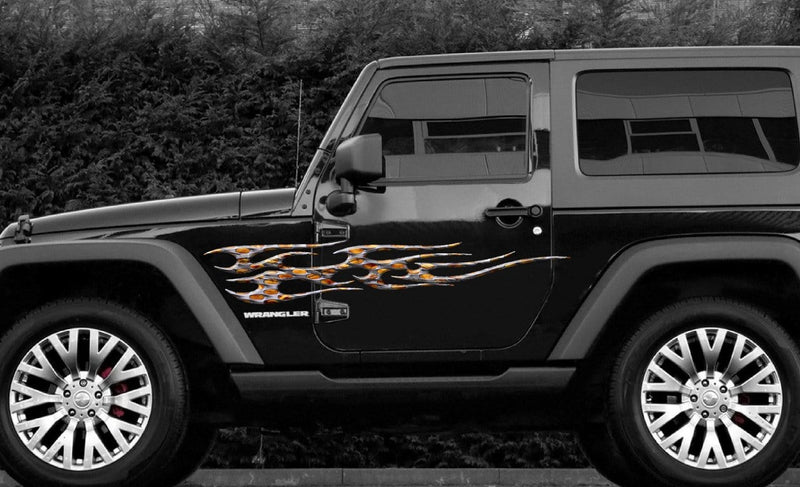 flaming metal decal on black jeep wrangler